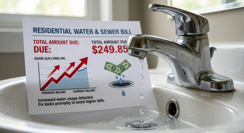 "Close-up of a dripping faucet and rising water bill statement illustrating plumbing water waste"